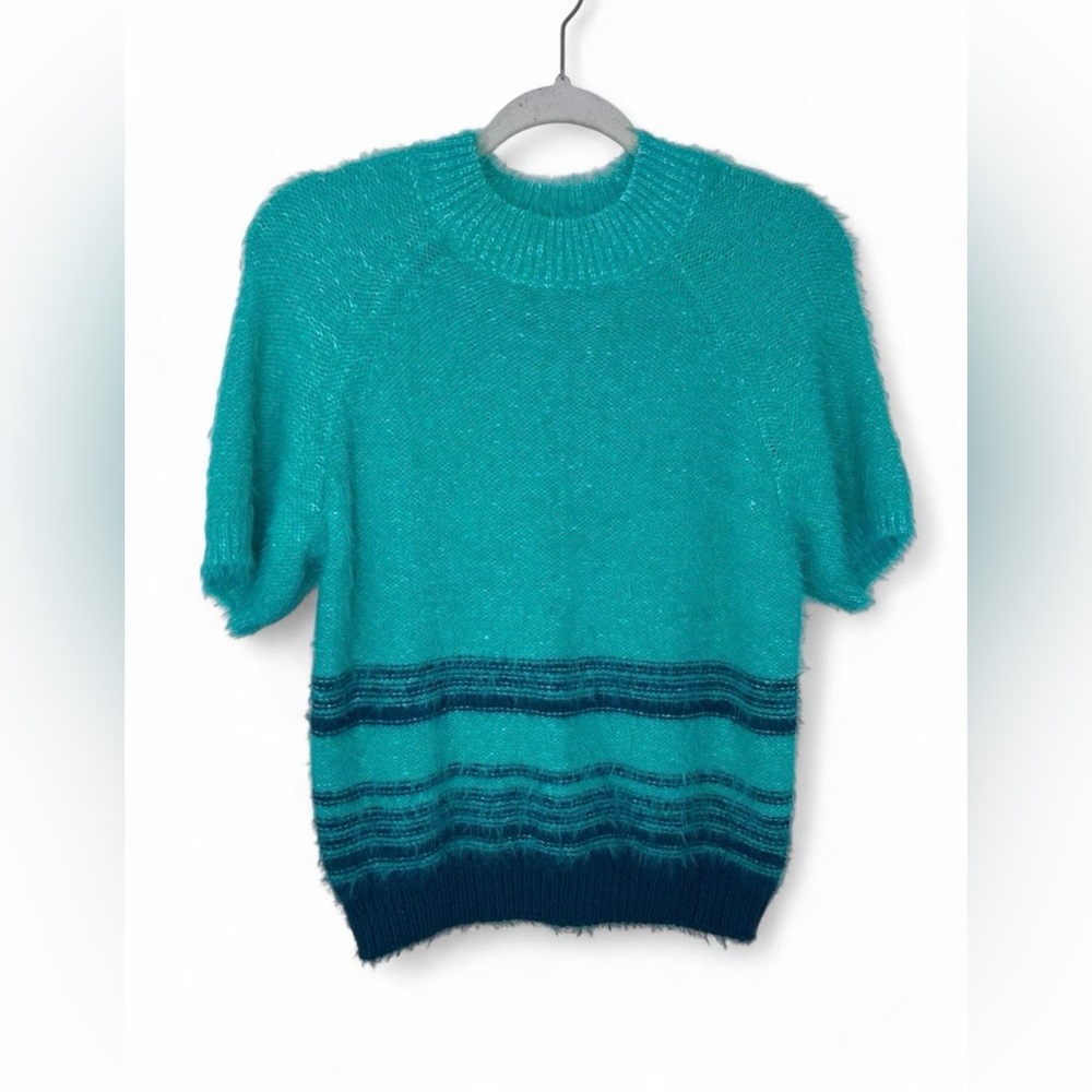 Pilcro Anthropologie Fuzzy Knit Sweater Teal Navy Short Sleeve Top Size Medium